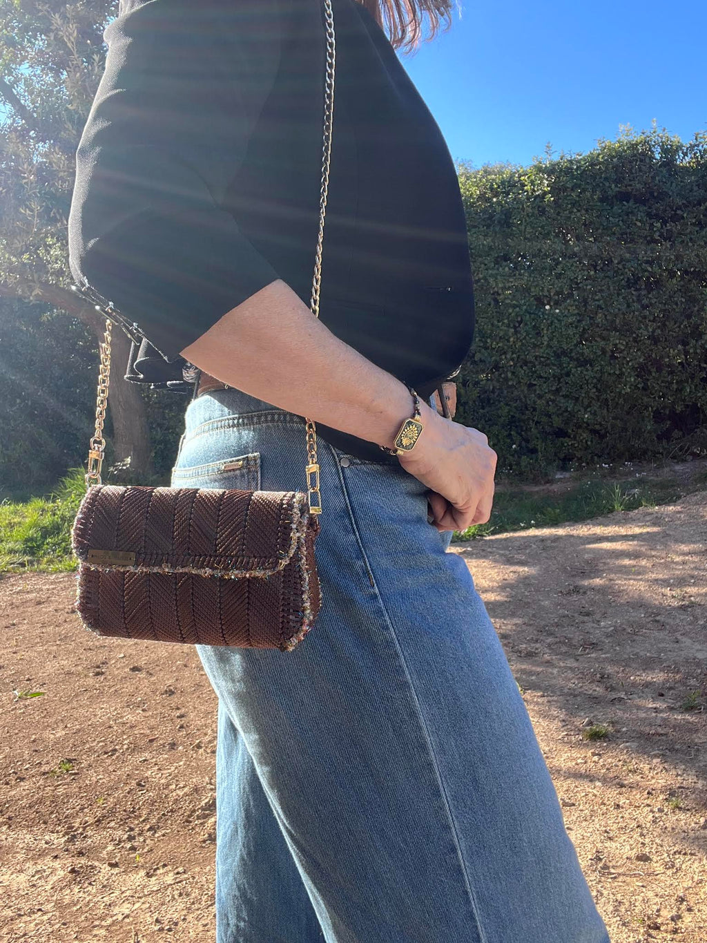 mini sac canevas fait main marron chocolat chaine dorée femme - sac chic Mistral - Milou et Milette