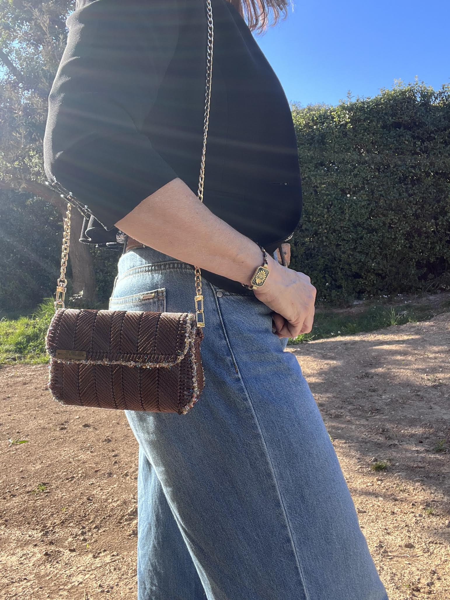 Mini sac canevas - Collection Mistral - Couleur Chocolat - Bordure scintillante - Pièce unique