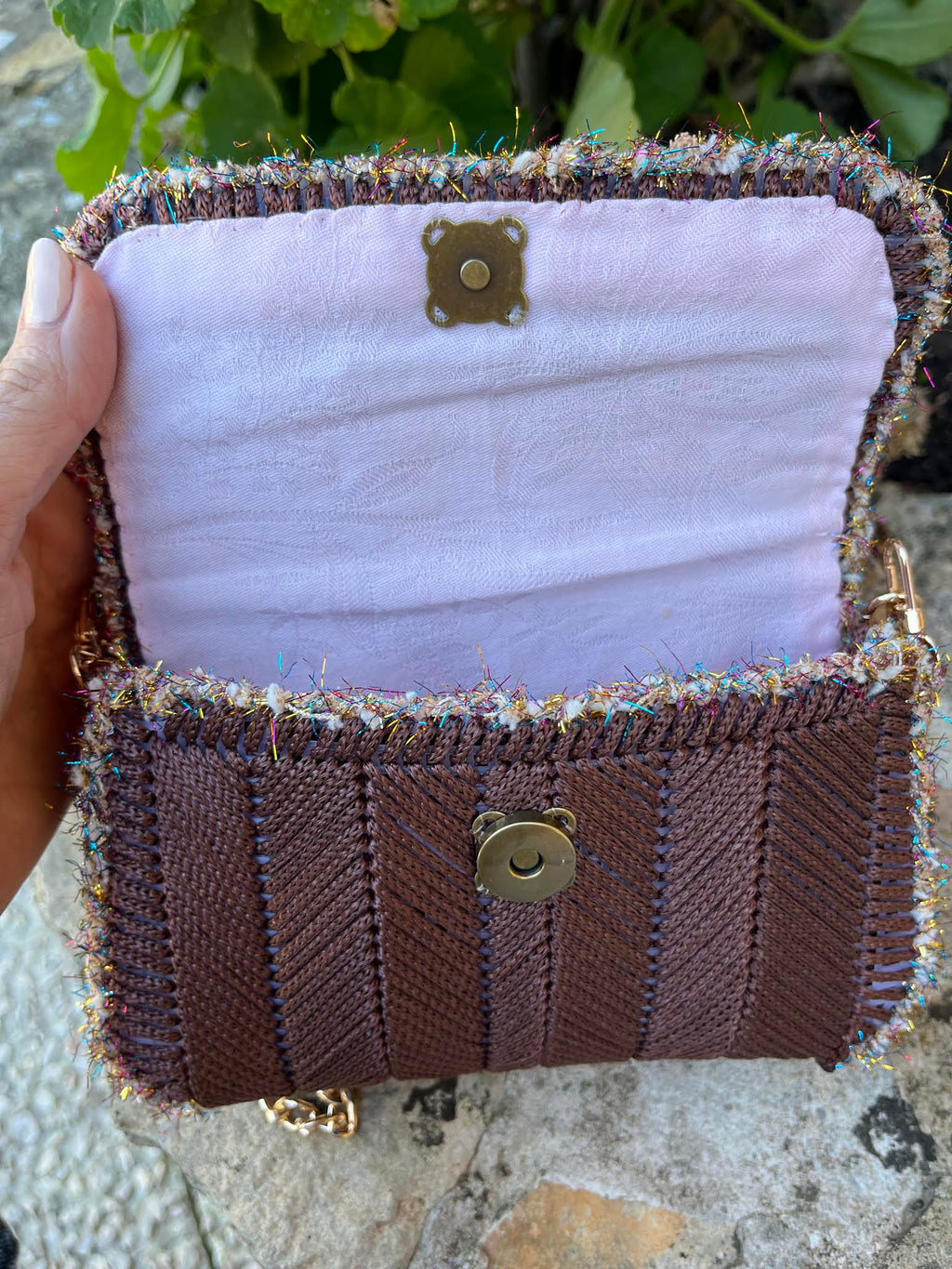 mini sac canevas fait main marron chocolat chaine dorée femme - sac chic Mistral - Milou et Milette- détail intérieur