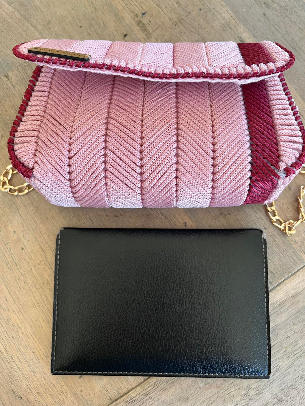 mini sac canevas fait main rose et grenat femme chaine dorée- Milou et Milette- taille