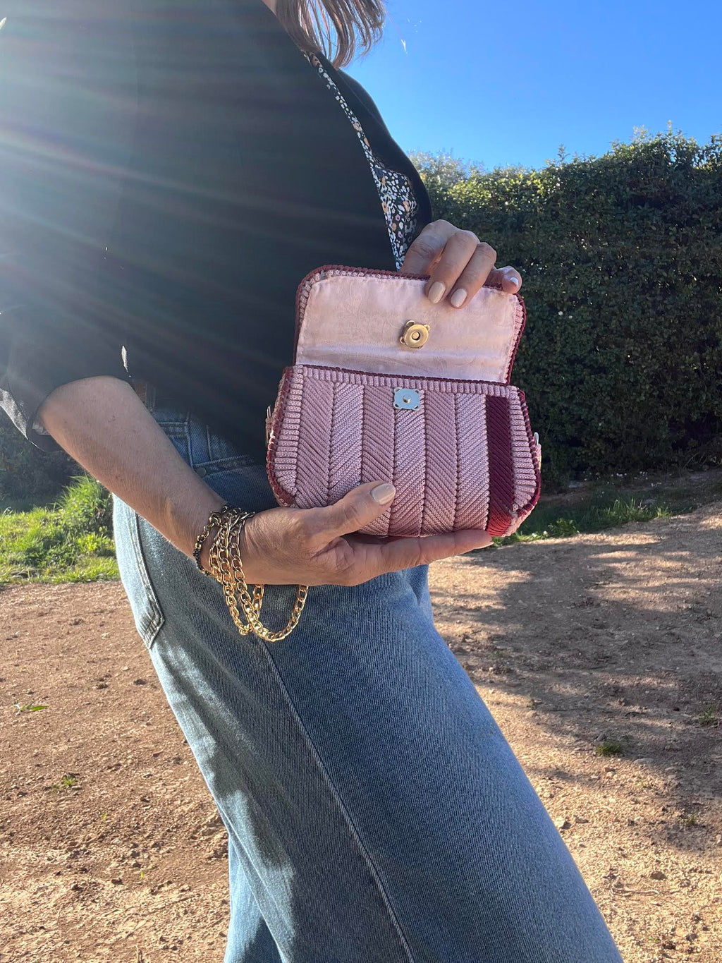mini sac canevas fait main rose et grenat femme chaine dorée- Milou et Milette- intérieur doublé