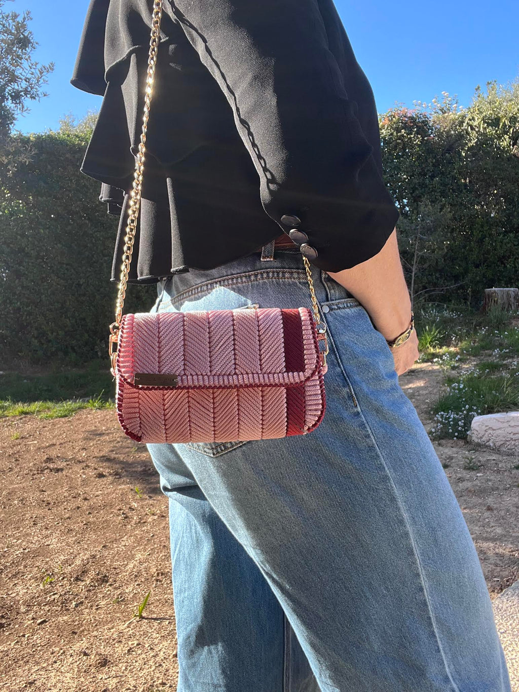 mini sac canevas fait main rose et grenat femme chaine dorée- Milou et Milette