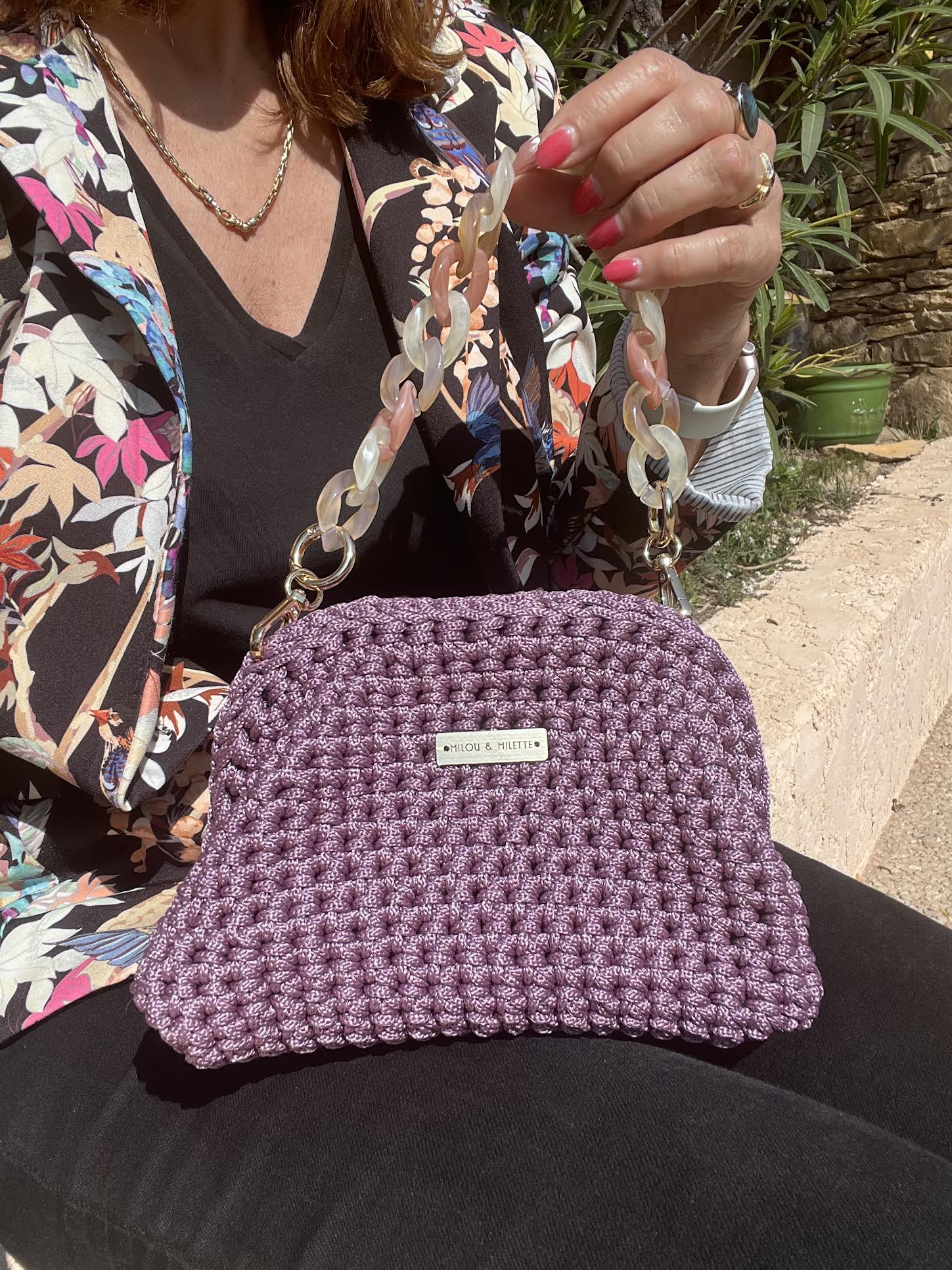sac crochet femme lavande rosé petit modèle - fait main - Riviera - Pièce unique - Milou et Milette