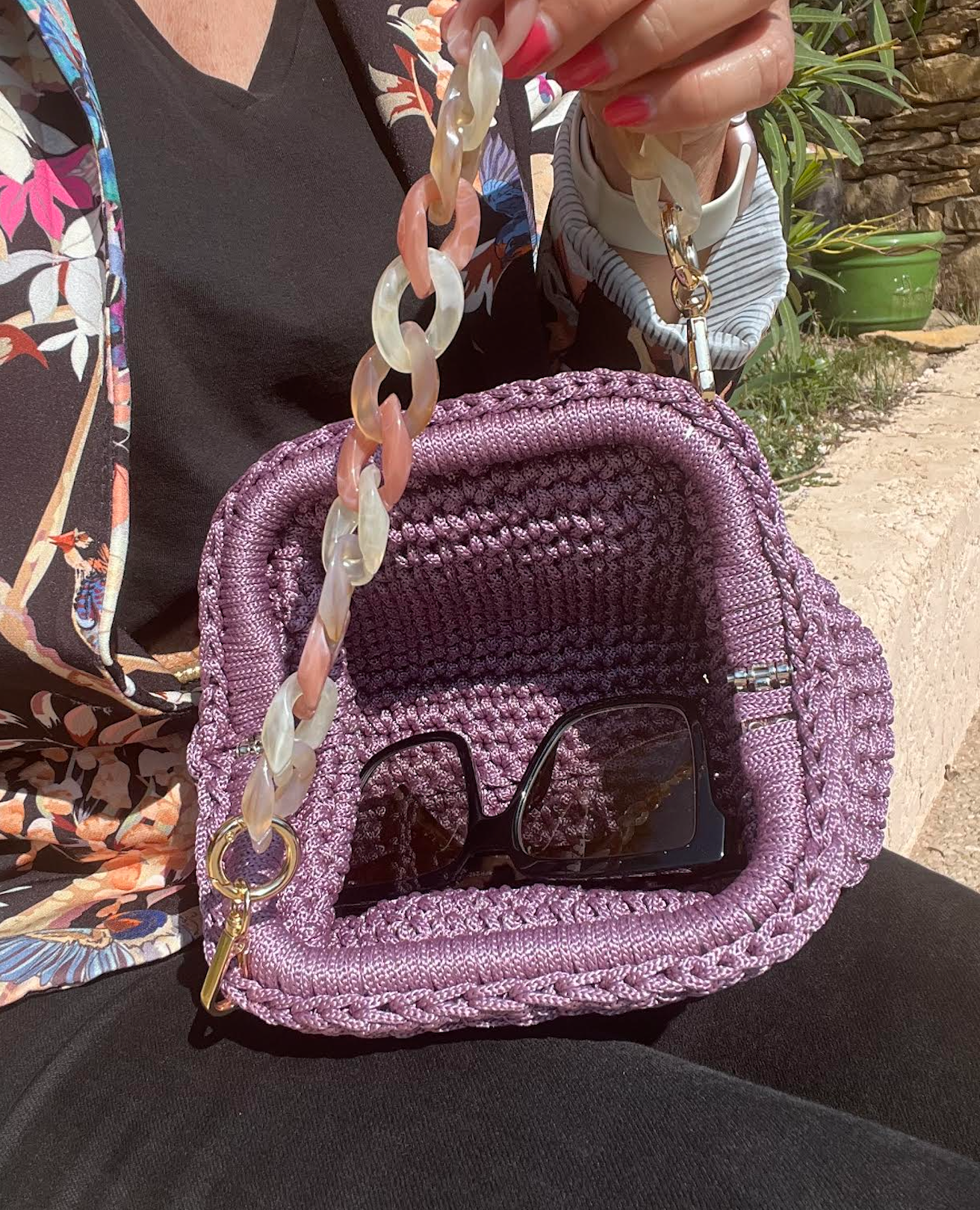 sac crochet femme lavande rosé petit modèle - fait main - Riviera - Pièce unique - Milou et Milette- détail