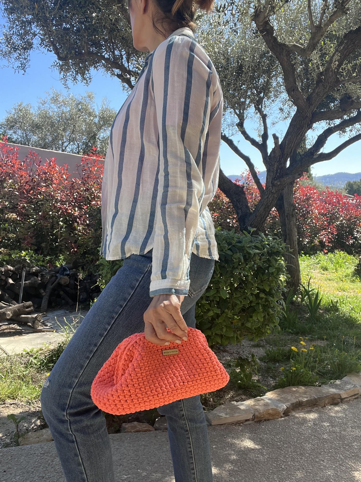 sac crochet fait main corail femme  taille M - sac bohème Riviera été - Pièce unique - Milou et Milette