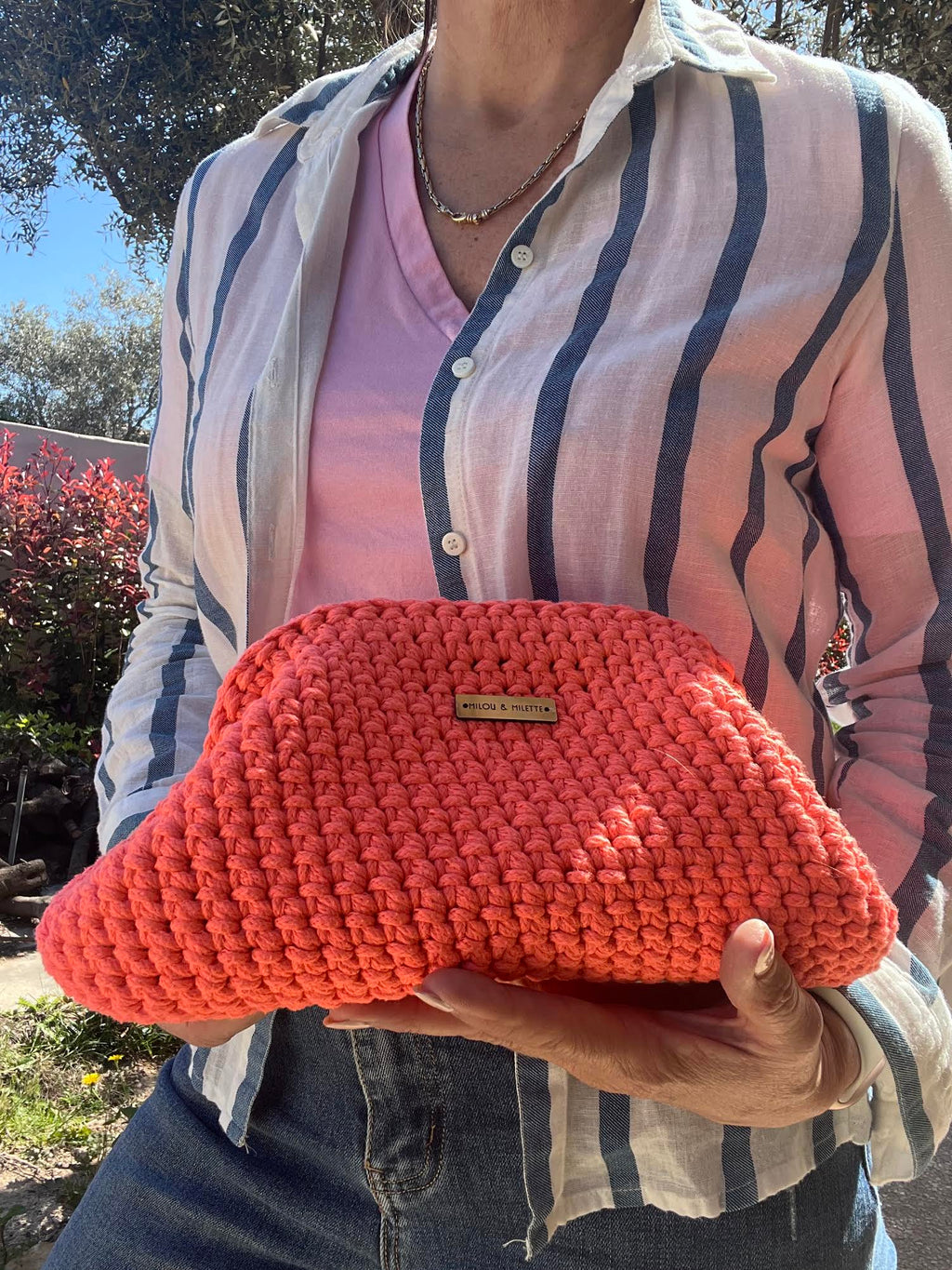 sac crochet fait main corail femme  taille M - sac bohème Riviera été - Pièce unique - Milou et Milette