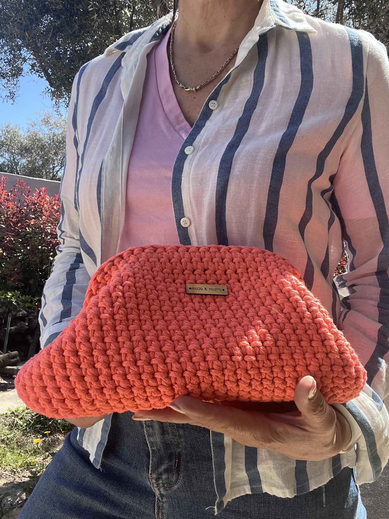 sac crochet fait main corail femme  taille M - sac bohème Riviera été - Pièce unique - Milou et Milette
