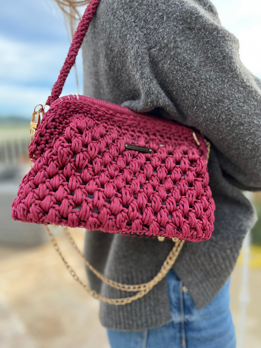 sac crochet fait main grenat femme doublure fleurie - sac bohème Riviera - Milou et Milette- anse crochetée