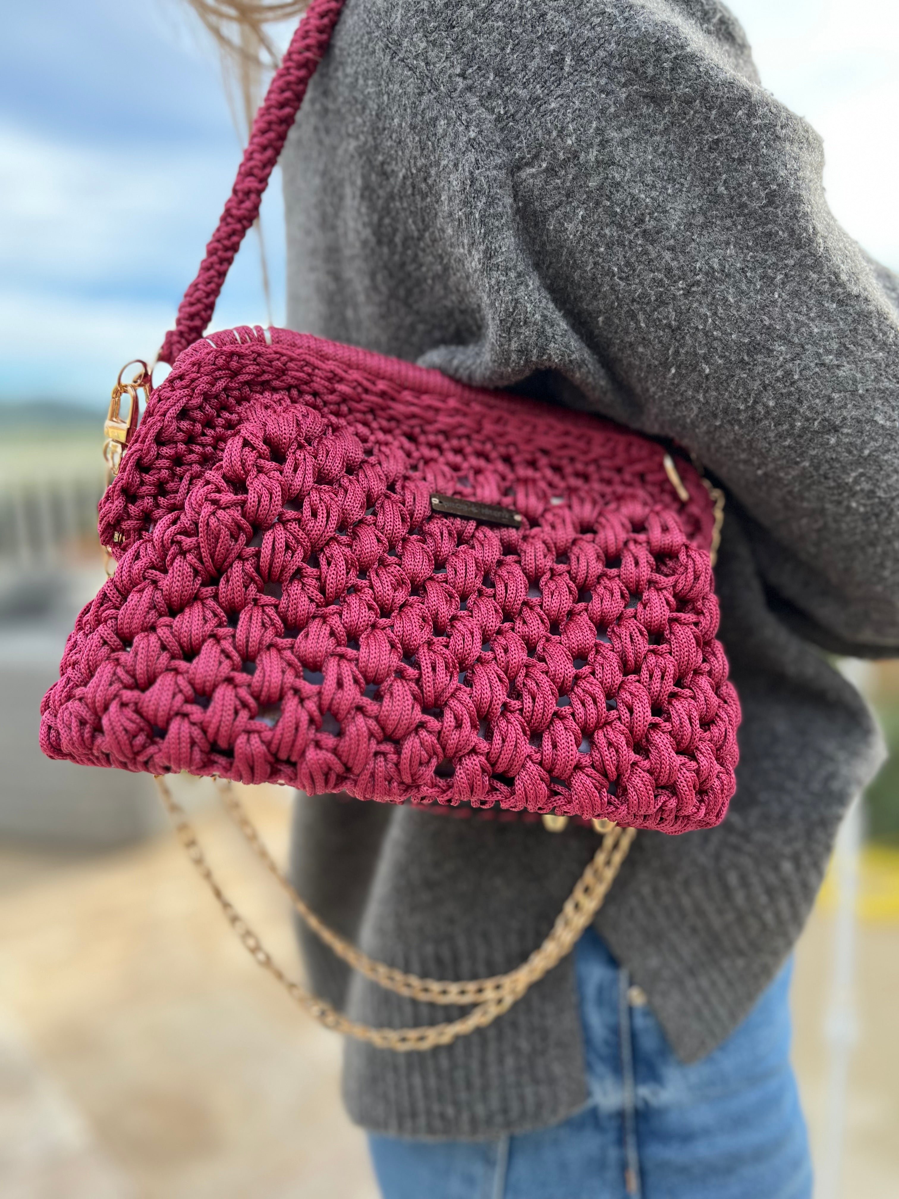 sac crochet fait main grenat femme doublure fleurie - sac bohème Riviera - Milou et Milette- anse crochetée