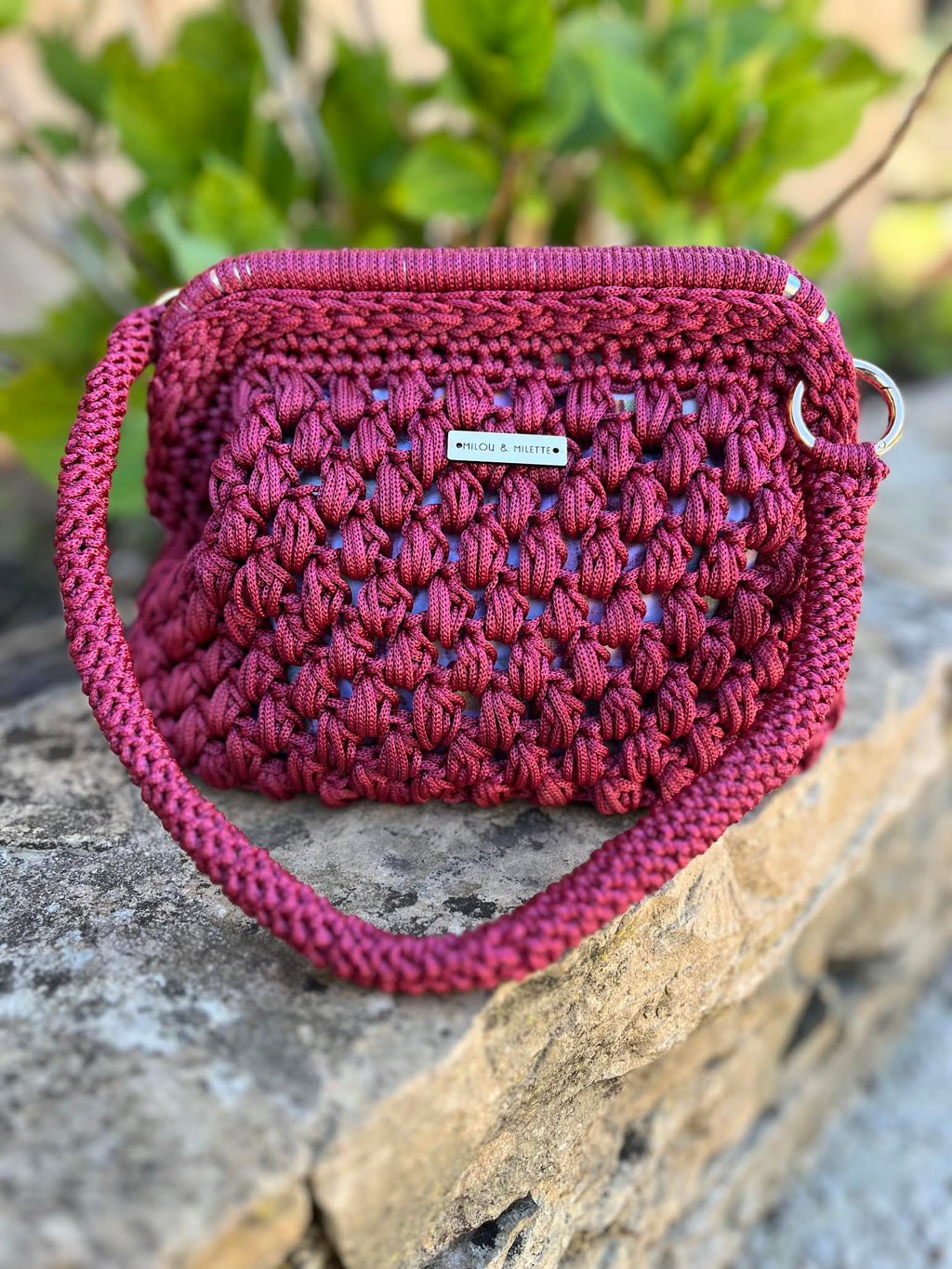 sac crochet fait main grenat femme doublure fleurie - sac bohème Riviera - Milou et Milette