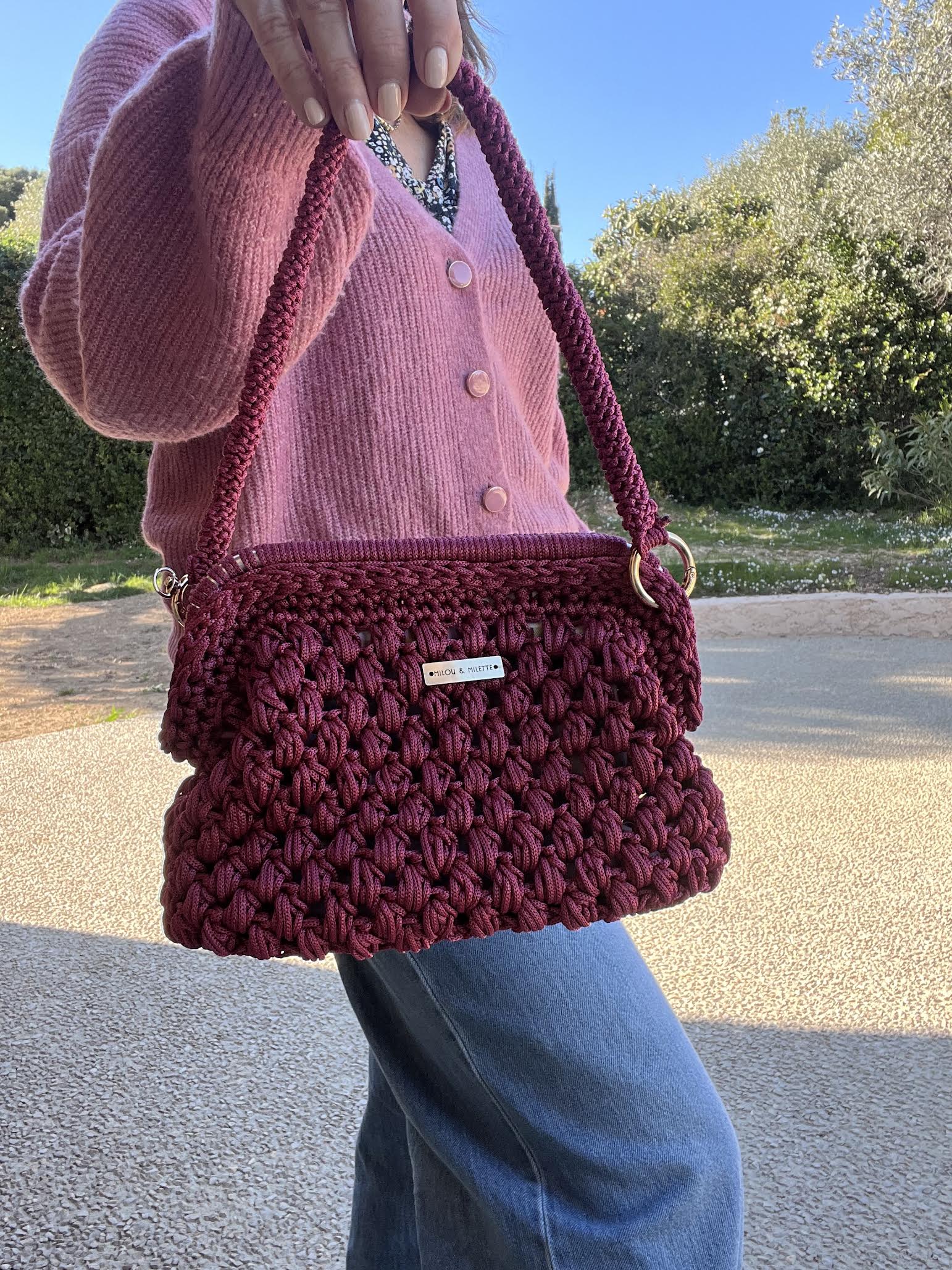 sac crochet fait main grenat femme doublure fleurie - sac bohème Riviera - Milou et Milette