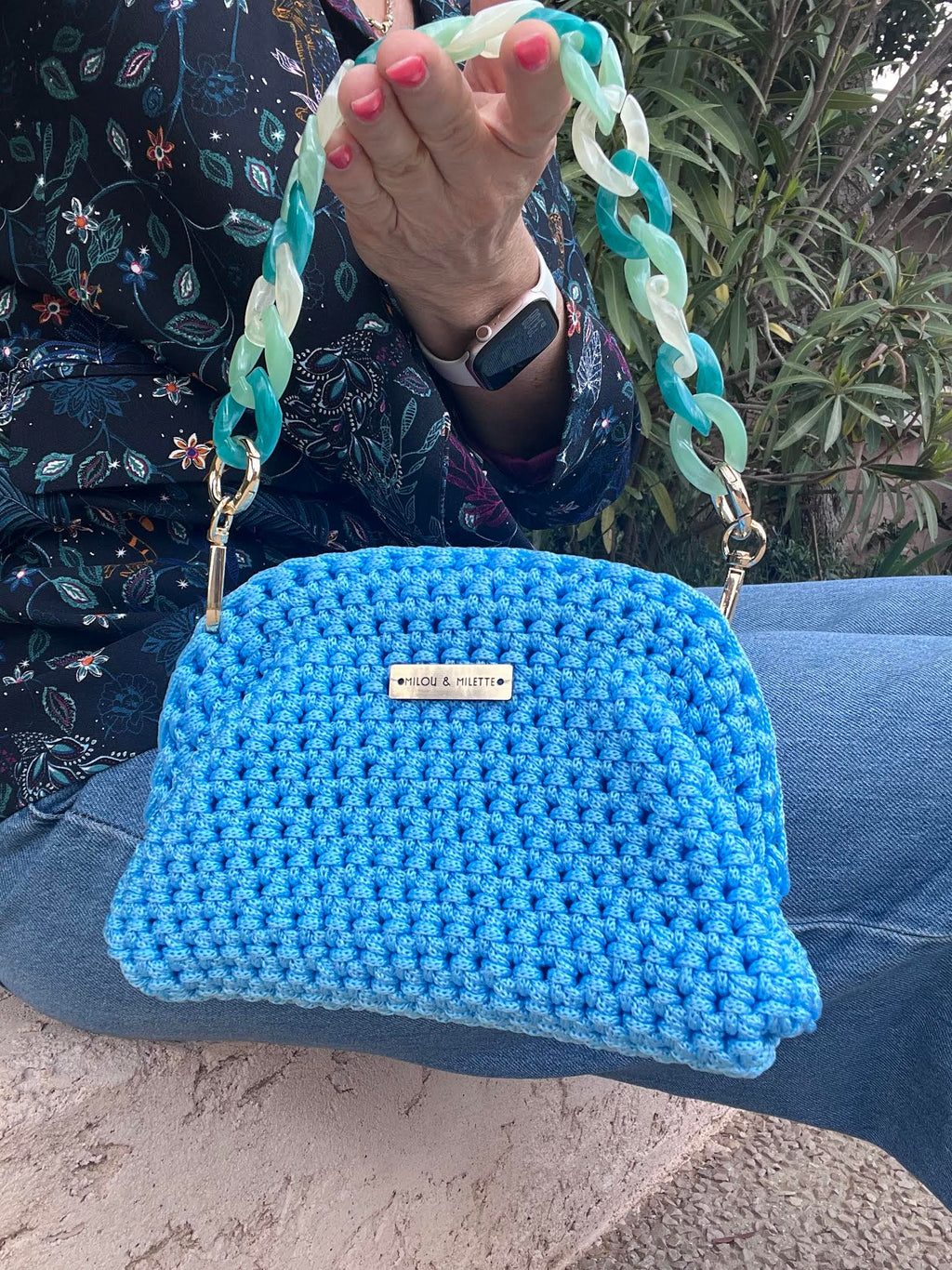 sac crochet femme bleu azur fait main Riviera Provence Milou et Milette- détail anse