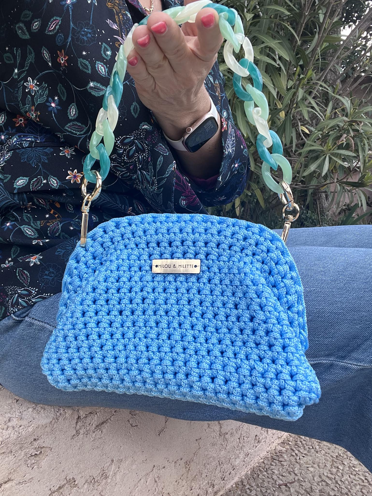 sac crochet femme bleu azur fait main Riviera Provence Milou et Milette- détail anse