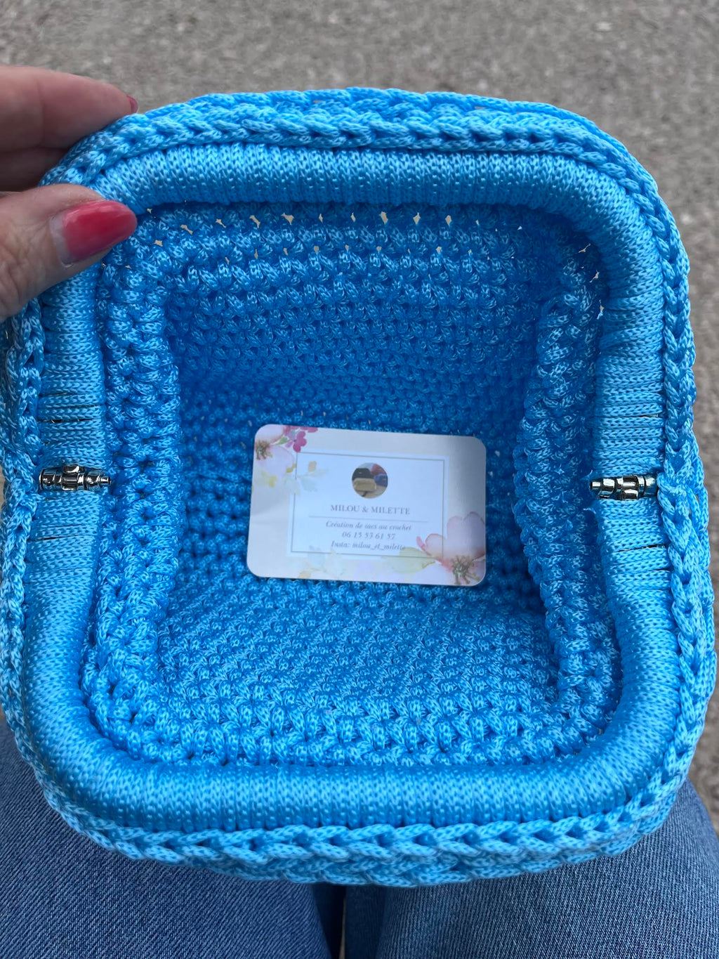 sac crochet femme bleu azur fait main Riviera Provence Milou et Milette- intérieur