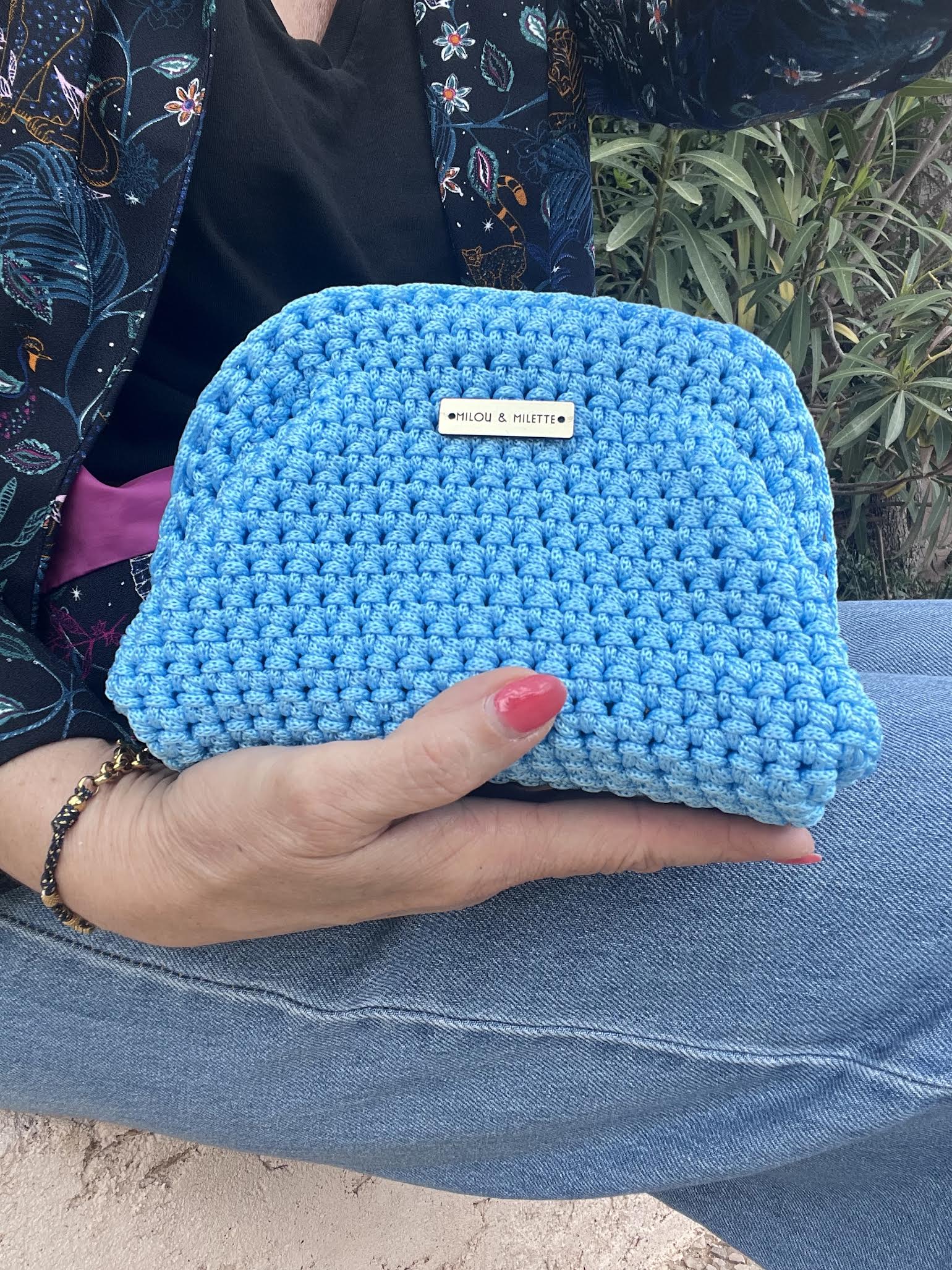 sac crochet femme bleu azur fait main Riviera Provence Milou et Milette- taille