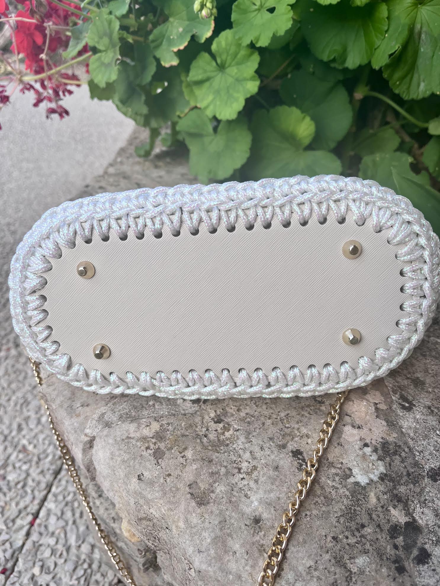 Sac Riviera blanc nacré irisé et anse dorée - Sac au crochet fait main - Milou & Milette