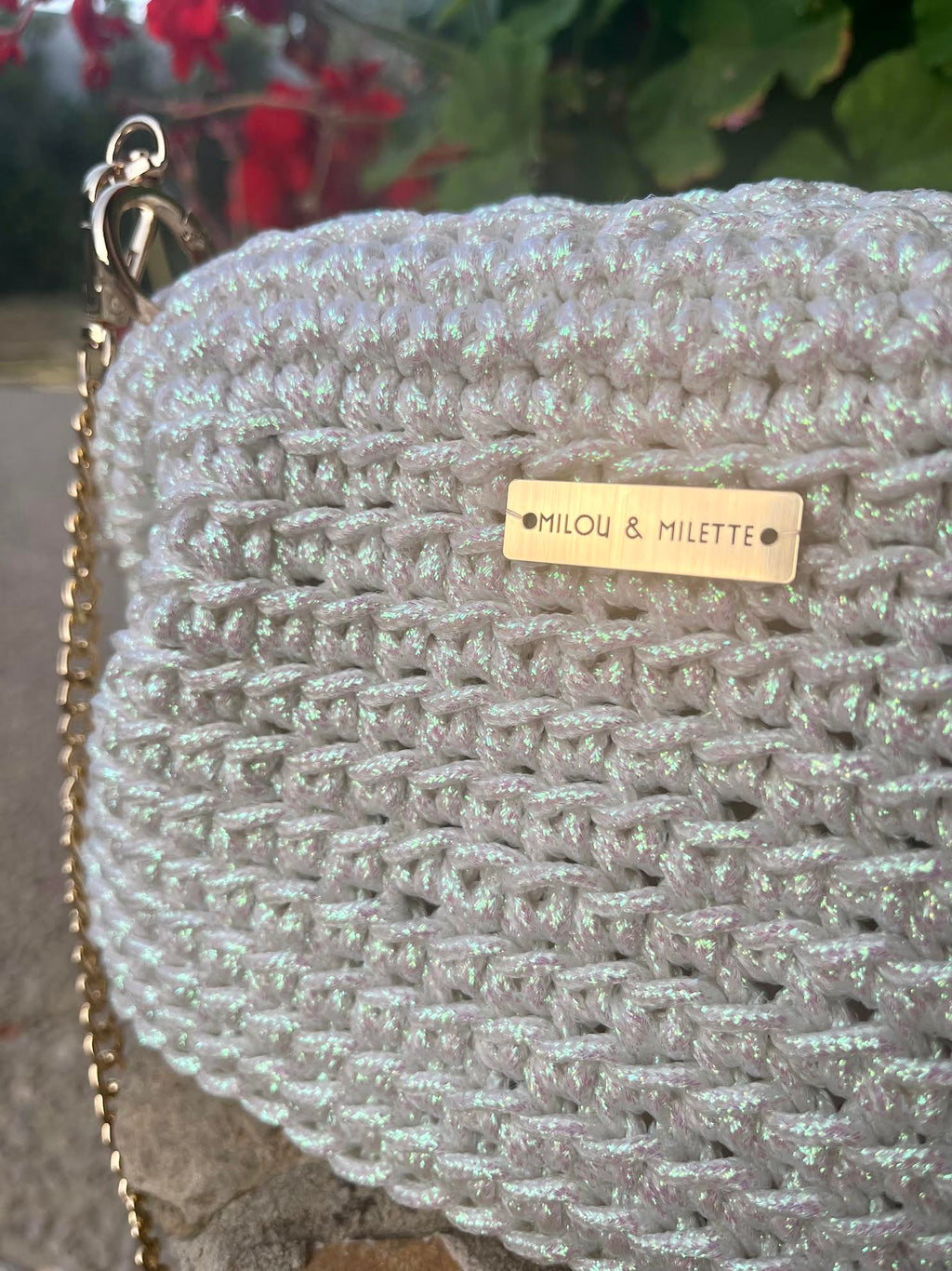 Sac Riviera blanc nacré irisé et anse dorée - Sac au crochet fait main - Milou & Milette