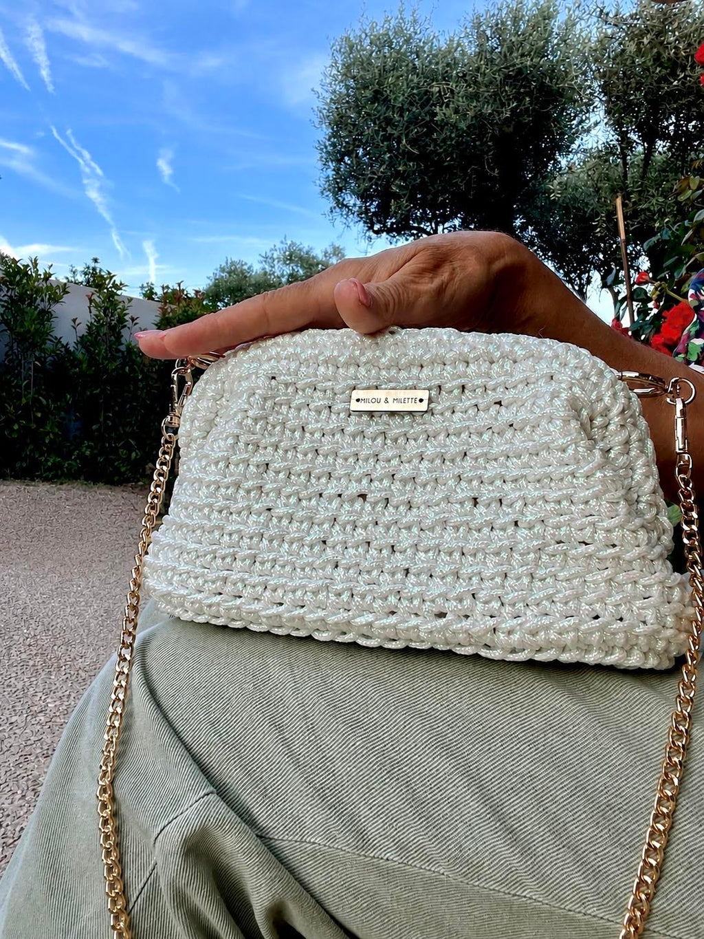 Sac Riviera blanc nacré irisé et anse dorée - Sac au crochet fait main - Milou & Milette