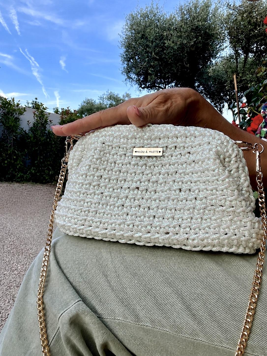 Sac Riviera blanc nacré irisé et anse dorée - Sac au crochet fait main - Milou & Milette