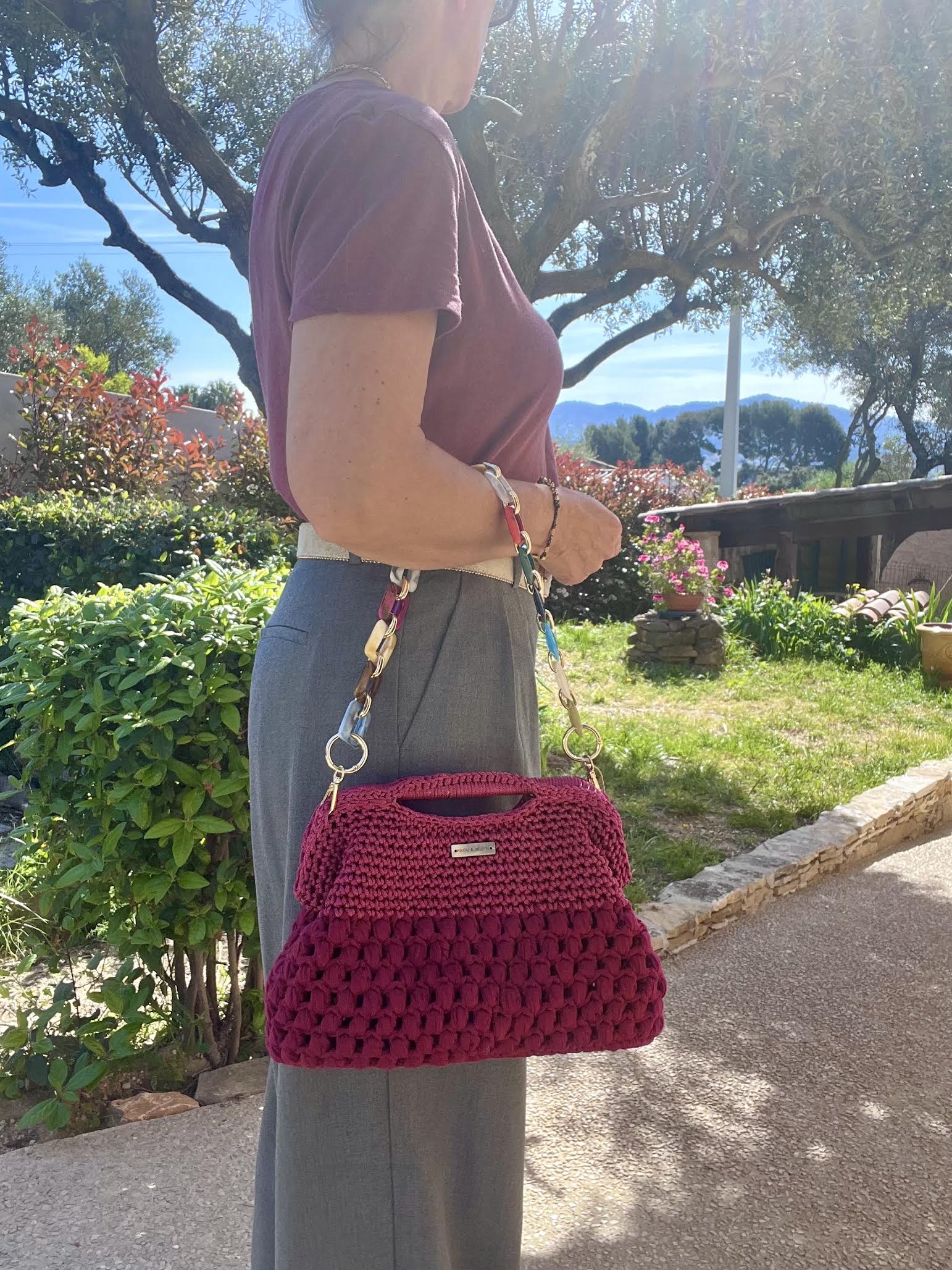Sac crochet fait main rouge grenat, grand modèle Riviera, anse intégrée, pièce unique Milou & Milette