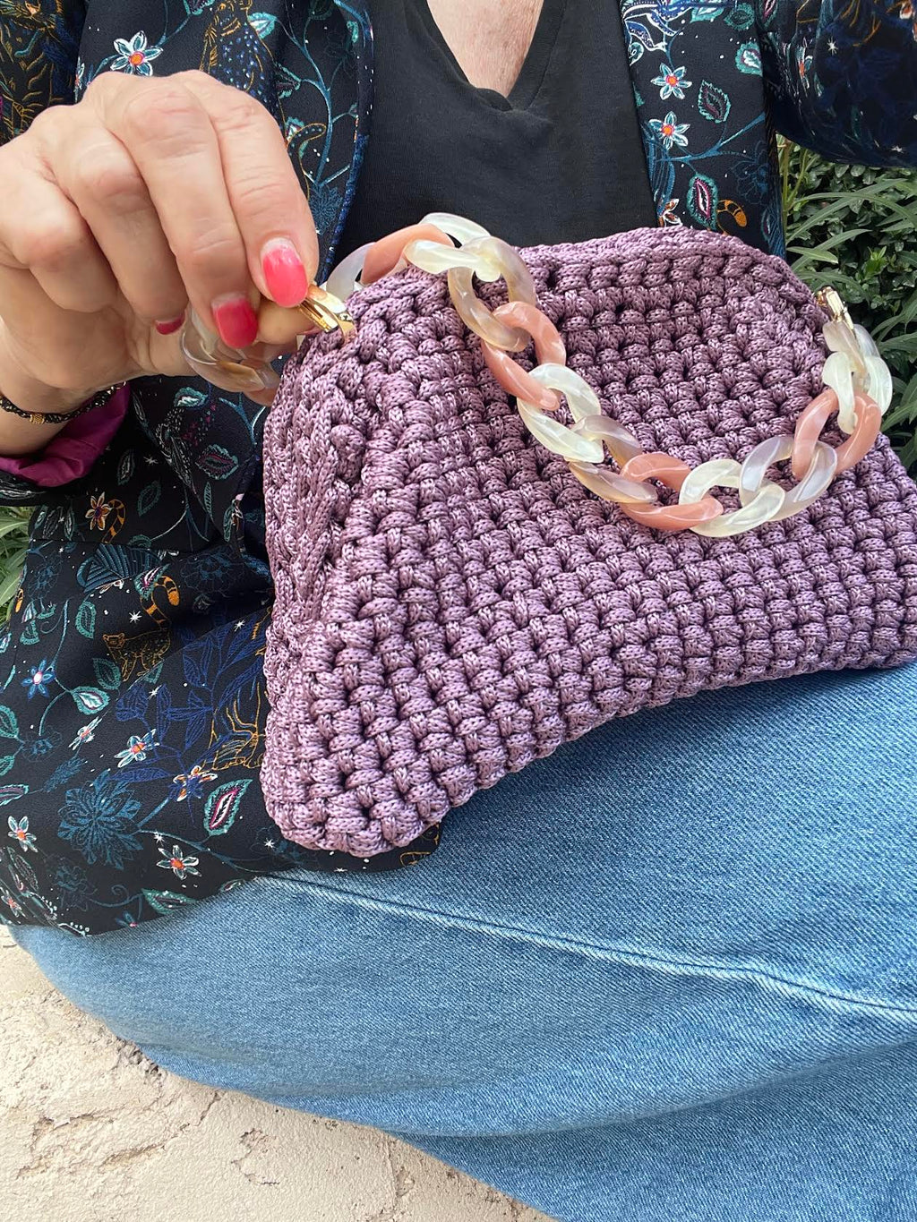 sac crochet femme lavande rosé petit modèle - fait main - Riviera - Pièce unique - Milou et Milette- anse