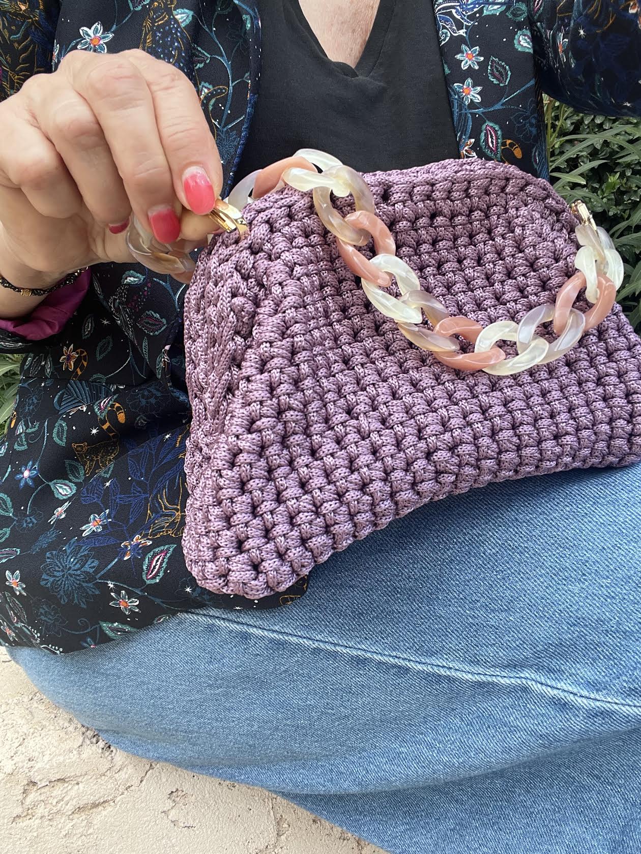 sac crochet femme lavande rosé petit modèle - fait main - Riviera - Pièce unique - Milou et Milette- anse