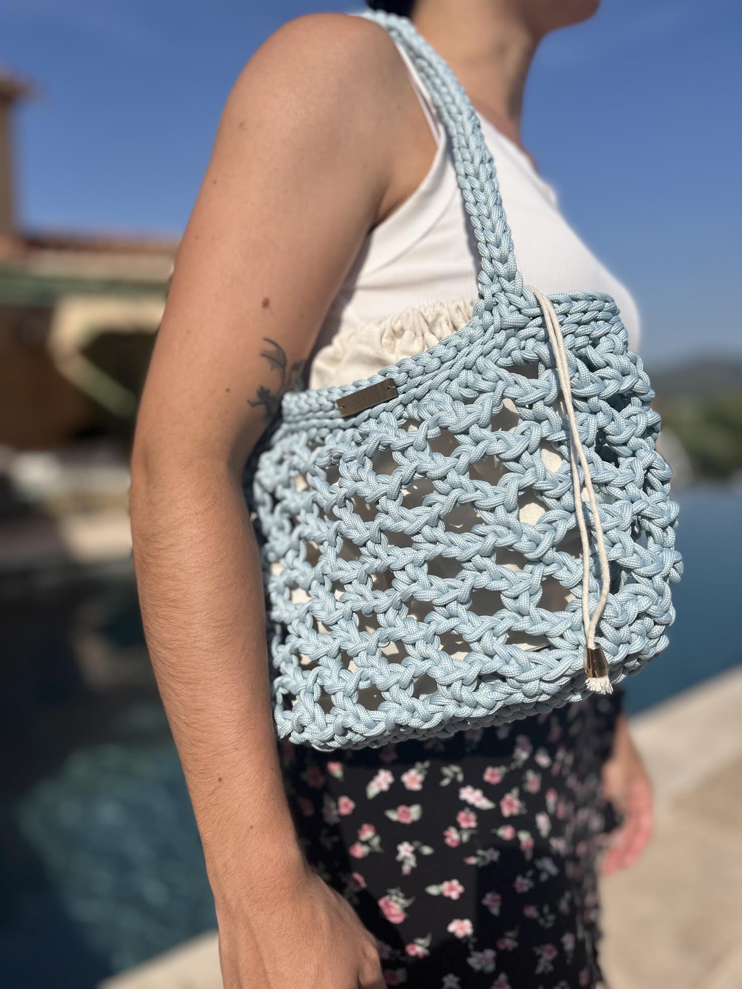 sac cabas Bleu Azur fait main avec doublure coton écru